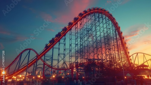 Roller coaster weaving through amusement park thrillseekers screaming with excitement. Concept Amusement Park, Roller Coaster, Thrillseekers, Excitement, Screaming