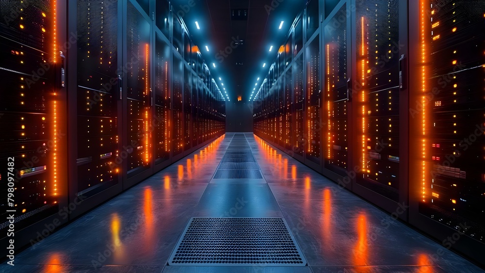 Rows of Racks and Network Server Hardware in a Contemporary Internet Data Center. Concept Data Center, Network Servers, Rack Hardware, Contemporary Design