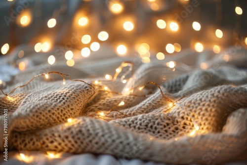 Cozy Knitted Blanket with Warm Fairy Lights Ambiance