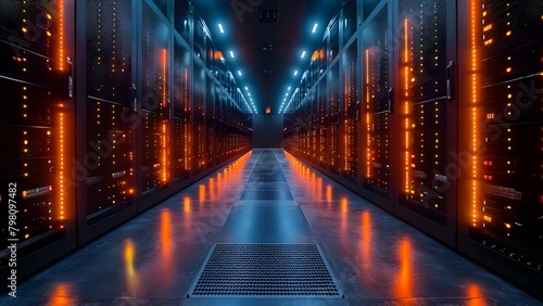 Rows of Racks and Network Server Hardware in a Contemporary Internet Data Center. Concept Data Center  Network Servers  Rack Hardware  Contemporary Design