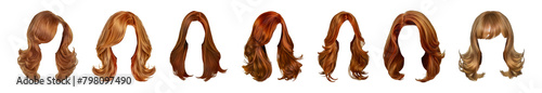 Assorted hair wigs in various shades and curls cut out png on transparent background