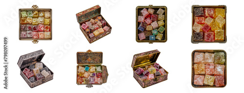 Assorted Turkish delights in ornate boxes cut out png on transparent background