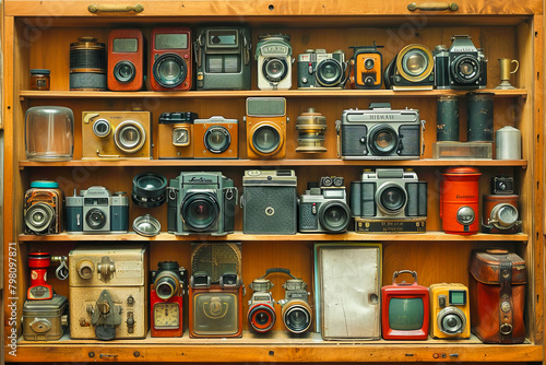 Vintage camera collection on wooden shelves photo