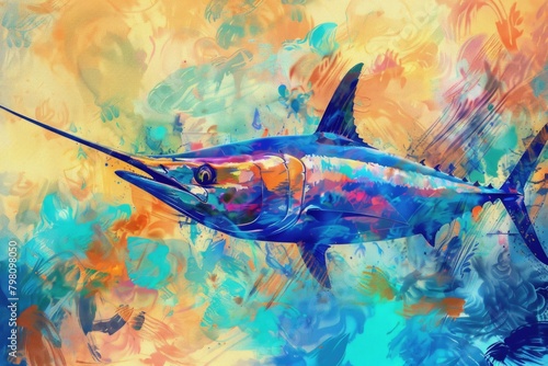 Vibrant painting of a blue marlin fish on colorful background. Ideal for marine themes or sports fishing promotions photo