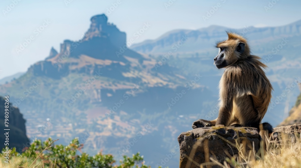 Obraz premium Gelada baboon family relaxing in the stunning landscape of ethiopia's semien mountains, natural beauty and wildlife harmony