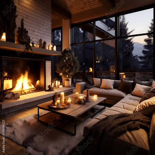 A cozy living room with a fireplace and comfortable sofa
