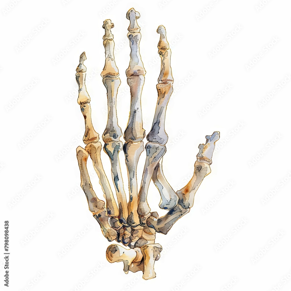 Detailed Watercolor of a Skeleton Hand on White Background