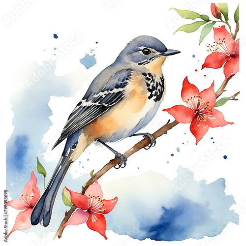 Floreana Mockingbird Watercolor Bird Illustration photo