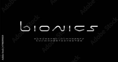 Technical wide future chrome font, digital cyber alphabet, trendy silver letters from A to Z and numbers from 0 to 9, vector illustration 10EPS