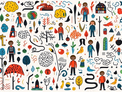 Wallpaper Mural Everyday adventures of kids, continuous line pattern, for unique apparel prints ,  flat graphic drawing Torontodigital.ca