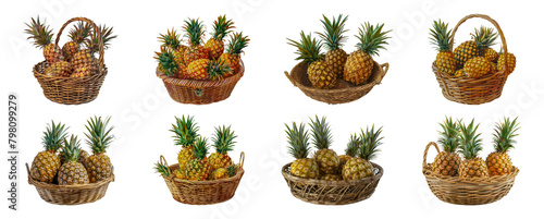 Fresh pineapples in handwoven baskets cut out png on transparent background photo