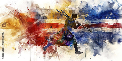 Scottish Flag with a Bagpiper and a Highland Dancer - Visualize the Scottish flag with a bagpiper representing Scotland's musical heritage and a highland dancer