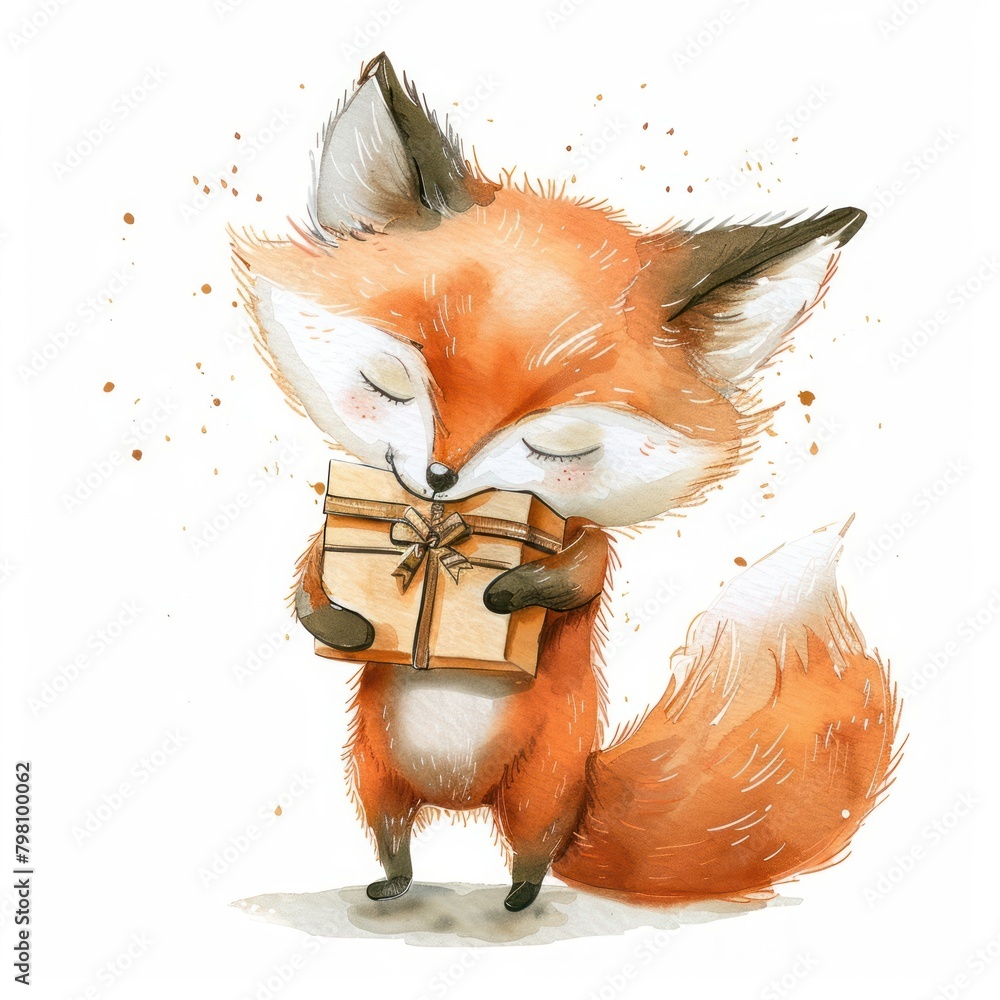 Fototapeta premium Fox hugging gift box animal wildlife mammal.
