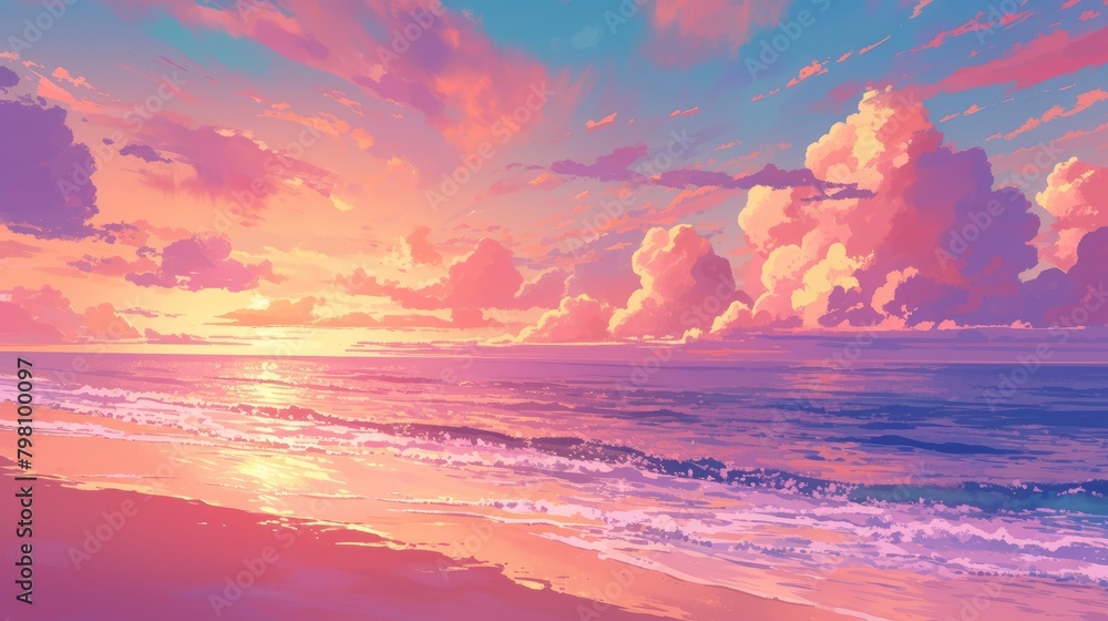 Fototapeta premium Experience the mesmerizing beauty of a beach landscape at either sunset or sunrise adorned with a breathtaking pink sky and the sun s reflection shimmering on the water This scene sets the p