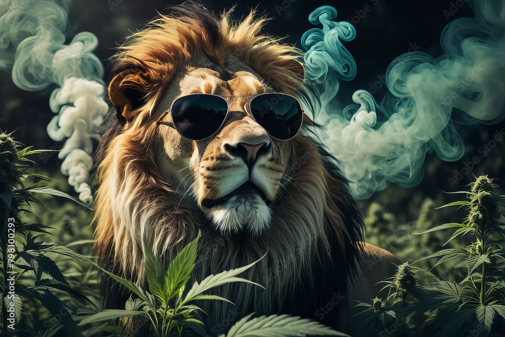 Obraz premium lion hipster with cannabis and sunglasses content created with generative AI software.