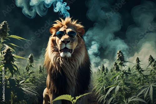 lion hipster with cannabis  and sunglasses content created with generative AI software.