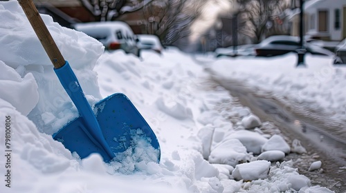 A blue plastic shovel is needed to tackle that stubborn snowdrift