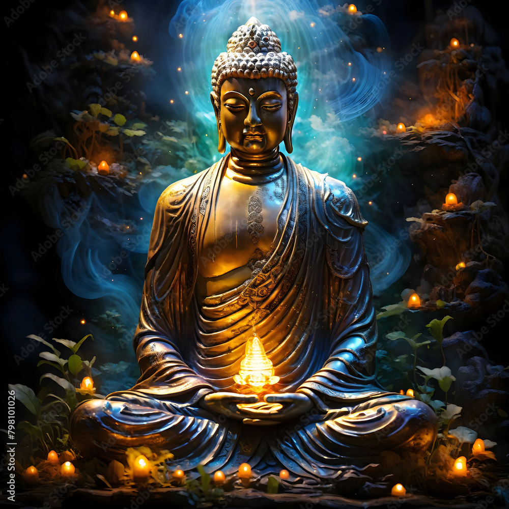 Majestic Buddha figure with radiant aura, emanating tranquility