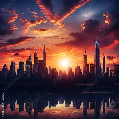 Modern city skyline wallpaper showcasing iconic landmarks and skyscrapers against a dramatic sunset backdrop