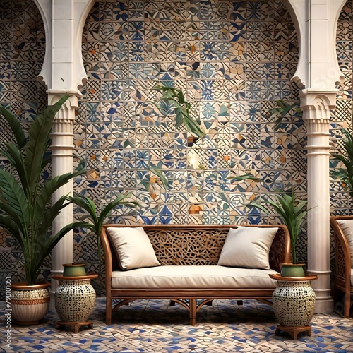Moroccan mosaic wallpaper inspired by traditional tile patterns found in Moroccan architecture and design © Elisaveta