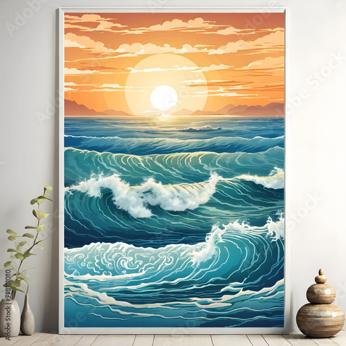 Peaceful Buddha Poster Featuring Ocean Horizon Background with Waves Lapping © Elisaveta