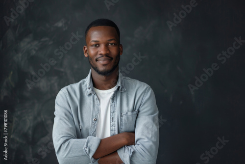 Businessman, portrait and creative or happy in studio, entrepreneur and startup employee for agency. Confident, blackman on black background, smile and mockup space with African professional photo