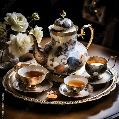 Elegant tea set arranged on a vintage tray © Elisaveta