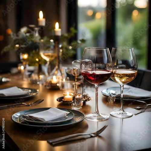 Elegant wine glasses arranged on a beautifully set dining table © Elisaveta