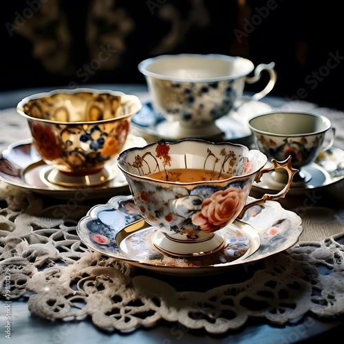 Exquisite china teacups arranged on a lace tablecloth © Elisaveta