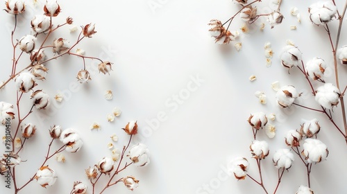 A beautiful sprig of cotton on a white background  a place for text. Delicate white cotton flowers.