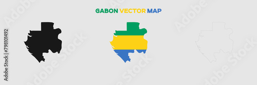 Gabon Map Vector Pack. Map with Flag. Gray Map Silhouette. Gray Outline Map. Editable EPS file.