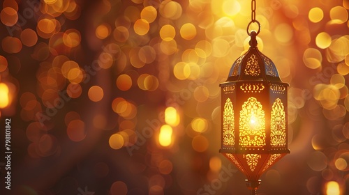 An ornate metal lantern with a glowing light inside sits on a wooden surface against a blurry background of warm-colored lights.