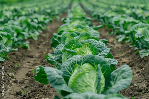 Cabbage plantations thriving in expansive fields, with neat rows of vegetables stretching into the distance