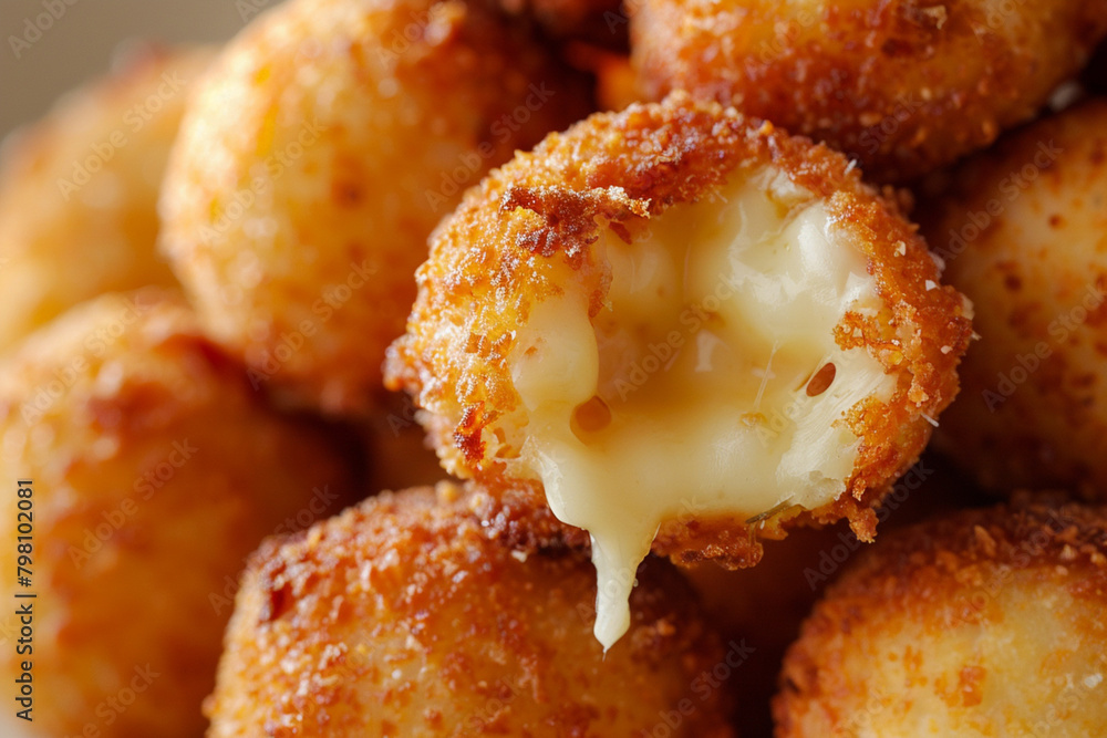 Crispy Cheese Ball Close-Up with Mozzarella Oozing Out of the Teared Part Crispy Cheese Ball Close-Up with Mozzarella Oozing Out of the Teared Part