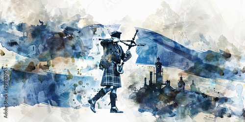 Scottish Flag with a Bagpiper and a Whisky Distiller - Picture the Scottish flag with a bagpiper representing Scotland's musical tradition and a whisky distiller