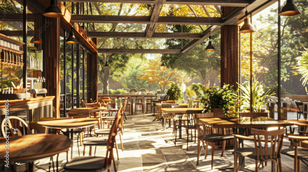 A realistic photo of an interior design rendering, featuring an open-air bar cafe. Decorated in a modern style. Cozy atmosphere