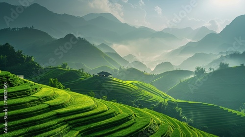 This is an image of terraced rice fields in Vietnam. The rice fields are located in a valley and are surrounded by mountains. The sky is blue and there are some clouds.

 photo