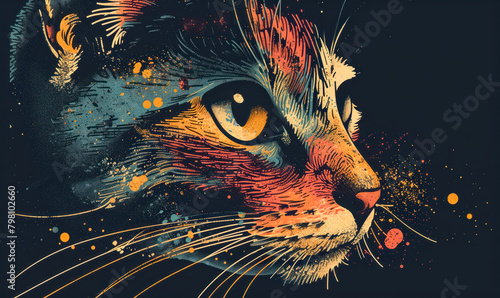 abstract illustration of a cat in childish style, logo for t-shirt print