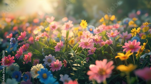 This is a nature photograph of a field of flowers. The flowers are mostly pink, yellow, and blue. The sun is shining brightly in the background. photo