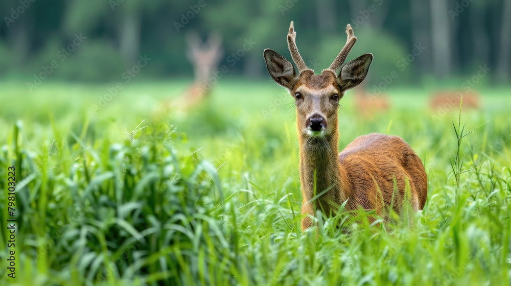 Brown sharp-horned deer graze in the green field. Brown sharp-horned deer graze in the green field.