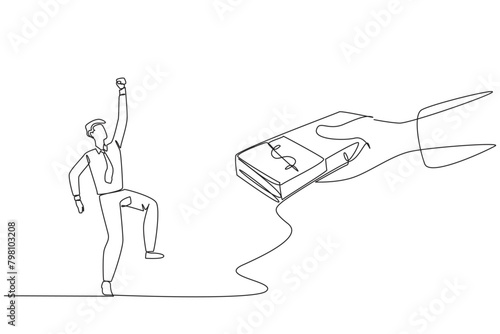 Continuous one line drawing businessman was excited to get a stack of banknotes from giant hand. Get a large capital injection from the board of directors. Single line draw design vector illustration