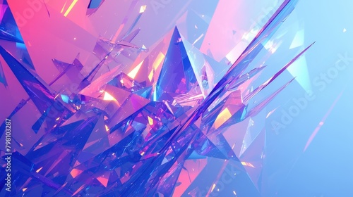 The backdrop is a vibrant mix of abstract multicolored geometric polygons