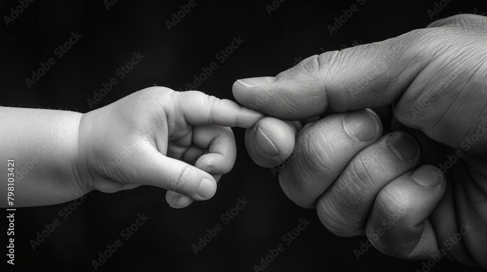 parent and child, baby hand holding his mother's finger, isolated background