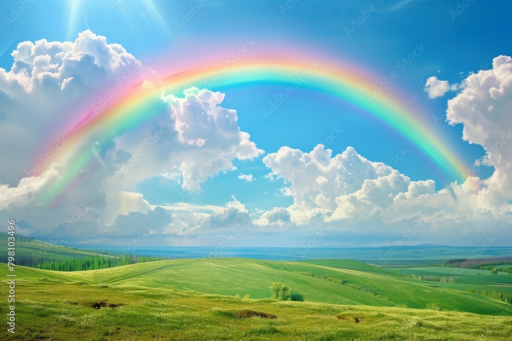 A countryside landscape with a large rainbow arching over rolling green hills A countryside landscape with a large rainbow arching over rolling green hills
