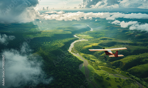 A serene view of a glider flying over a vibrant green valley bathed in sunlight. Generate AI