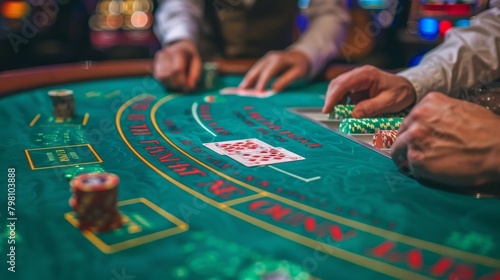 High-stakes blackjack game in progress on a vibrant casino table, highlighting the excitement of card gambling. photo