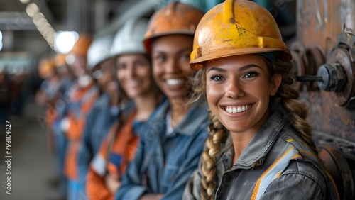 A Diverse Group of Factory Workers in Safety Gear Smiling Together. Concept Factory Workers, Diversity, Safety Gear, Smiling Together, Teamwork © Ян Заболотний