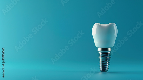 Dental implant on a blue background, artificial ceramic tooth space for text