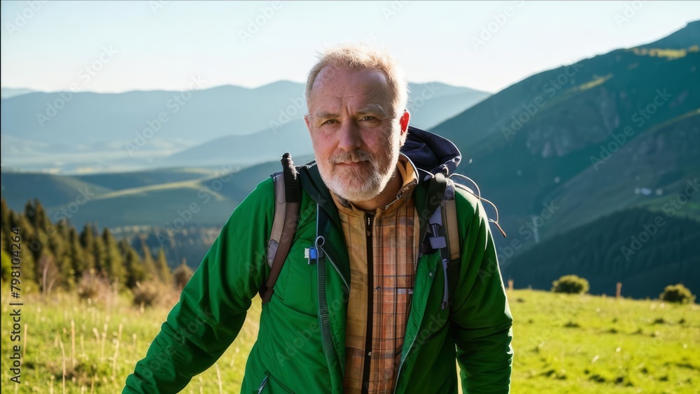 Older man walks in the mountains.