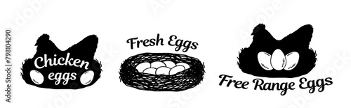 Chicken silhouettes with eggs, nest.  Chicken eggs, poultry egg farming. Isolated on white. Vector illustration for farming products package, poster, banner, card design. Fresh eggs, Free range eggs
